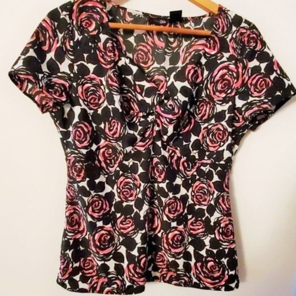 East 5th V-Neck‎ Rose Print Blouse Black Pink M